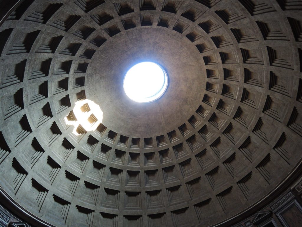 Inside the Pantheon, gazing up to the oculus, or portal, at the apex of the dome